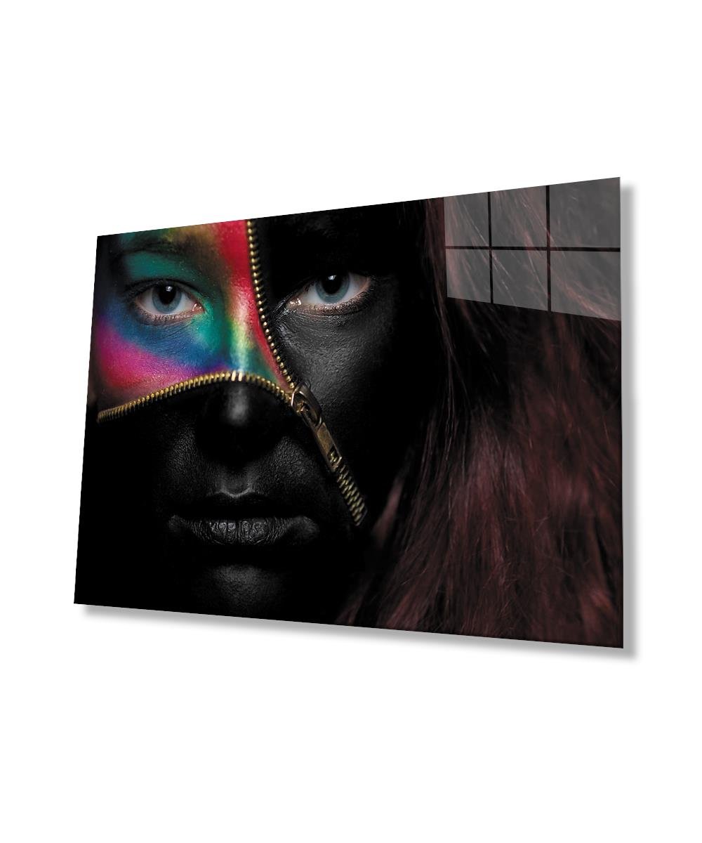 Siyahtan Soyunup Renklere Açılan Fermuarlı Kadın Yüzü Cam Tablo  4mm Dayanıklı Temperli Cam,  Stripping Out of Black and Opening to Colors Woman Face with Zipper Glass Wall Art