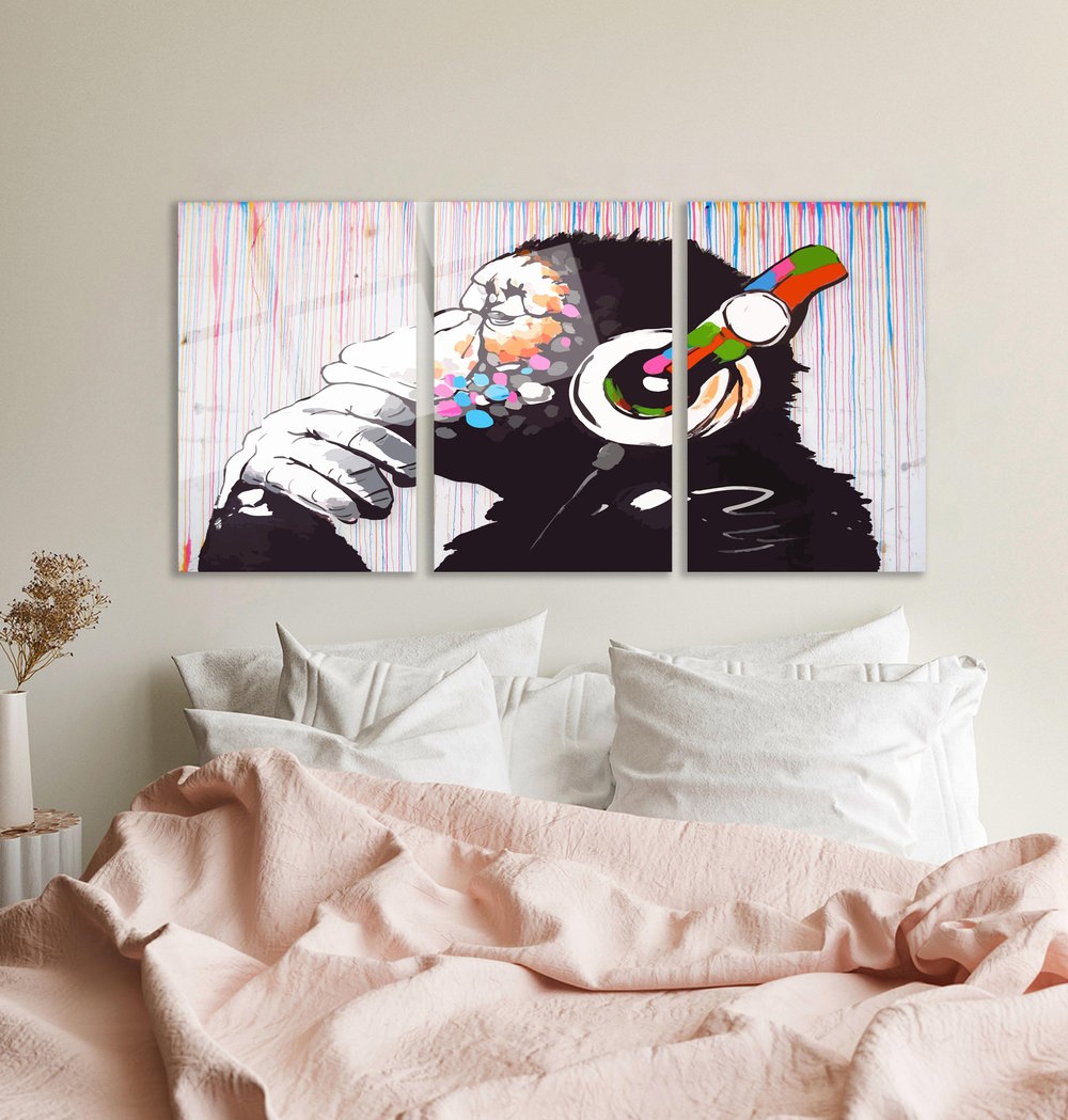 Soyut Müzik Dinleyen Maymun  Cam Tablo  Modern Ofis Makam Odası Hediyelik Büyük Tablo Duvar Dekoru 