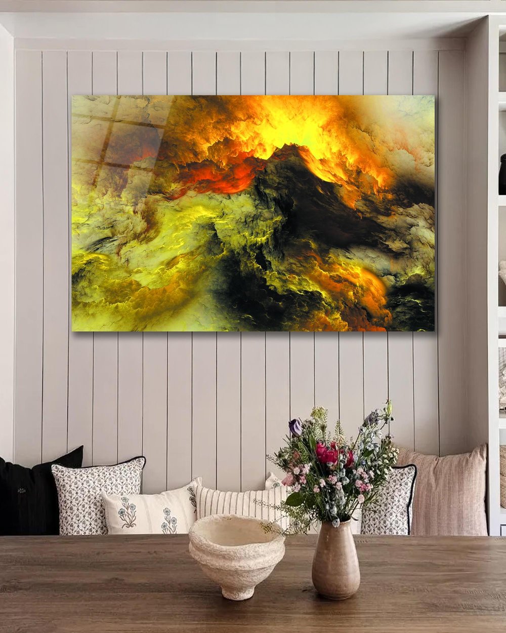 Soyut Sarı Duman Cam Tablo Modern Ev Ofis Salon Hediyelik Büyük Tablo Duvar Dekoru 