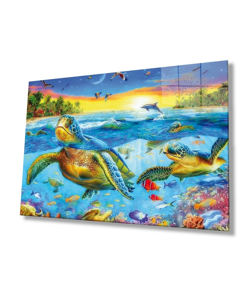 Sualtı Yaşam Cam Tablo  4mm Dayanıklı Temperli Cam, Marine Life Wall Art