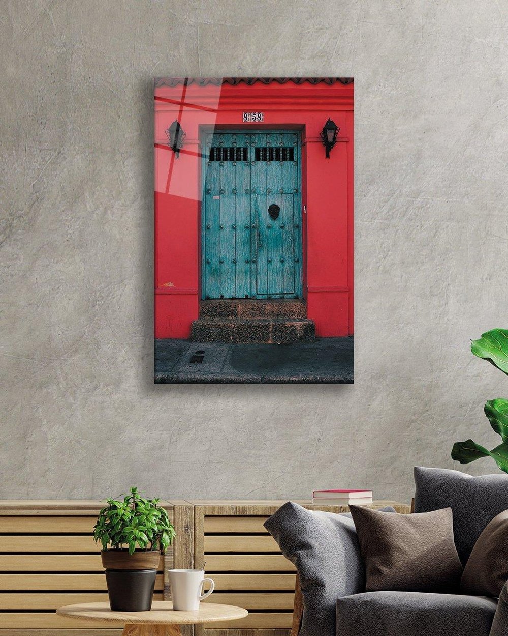 Turkuaz Renkli  Ahşap Kapı Cam Tablo  4mm Dayanıklı Temperli Cam Turquoise Color Wooden Door Glass Table 4mm Durable Tempered Glass