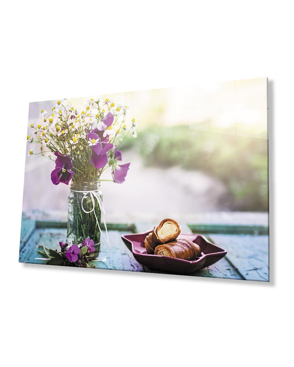Vazoda Mor Çiçekler Papatyalar  Cam Tablo  4mm Dayanıklı Temperli Cam Purple Flowers Daisies in Vase Glass Table 4mm Durable Tempered Glass