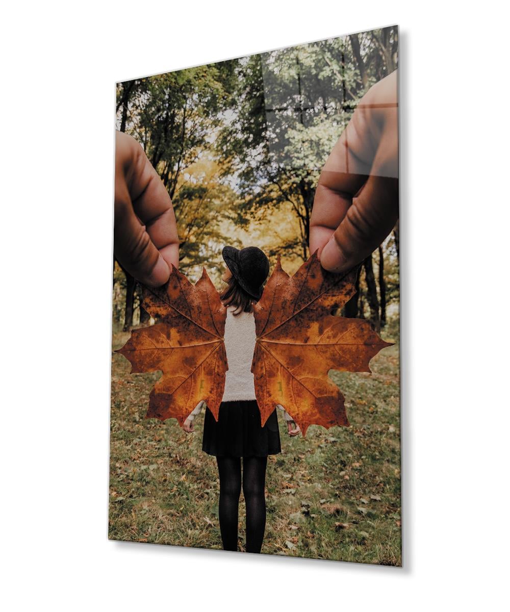 Yaprak Kanatlı Kadın Cam Tablo  4mm Dayanıklı Temperli Cam, Leaf Winged Woman Glass Wall Art