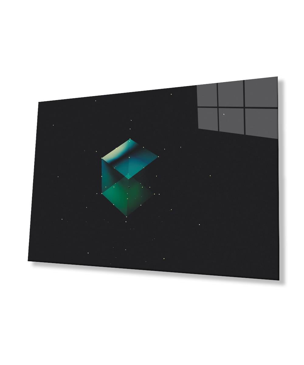 Yeşil Küp Cam Tablo  4mm Dayanıklı Temperli Cam Green Cube Glass Wall Art