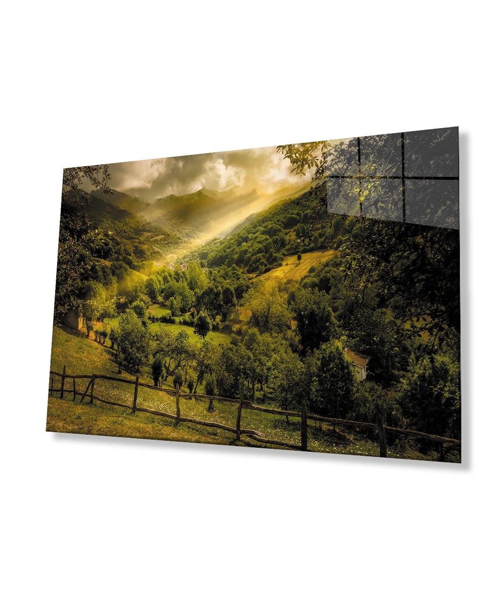 Yeşil Manzara Doğa Cam Tablo  4mm Dayanıklı Temperli Cam Green Landscape Nature Glass Wall Art