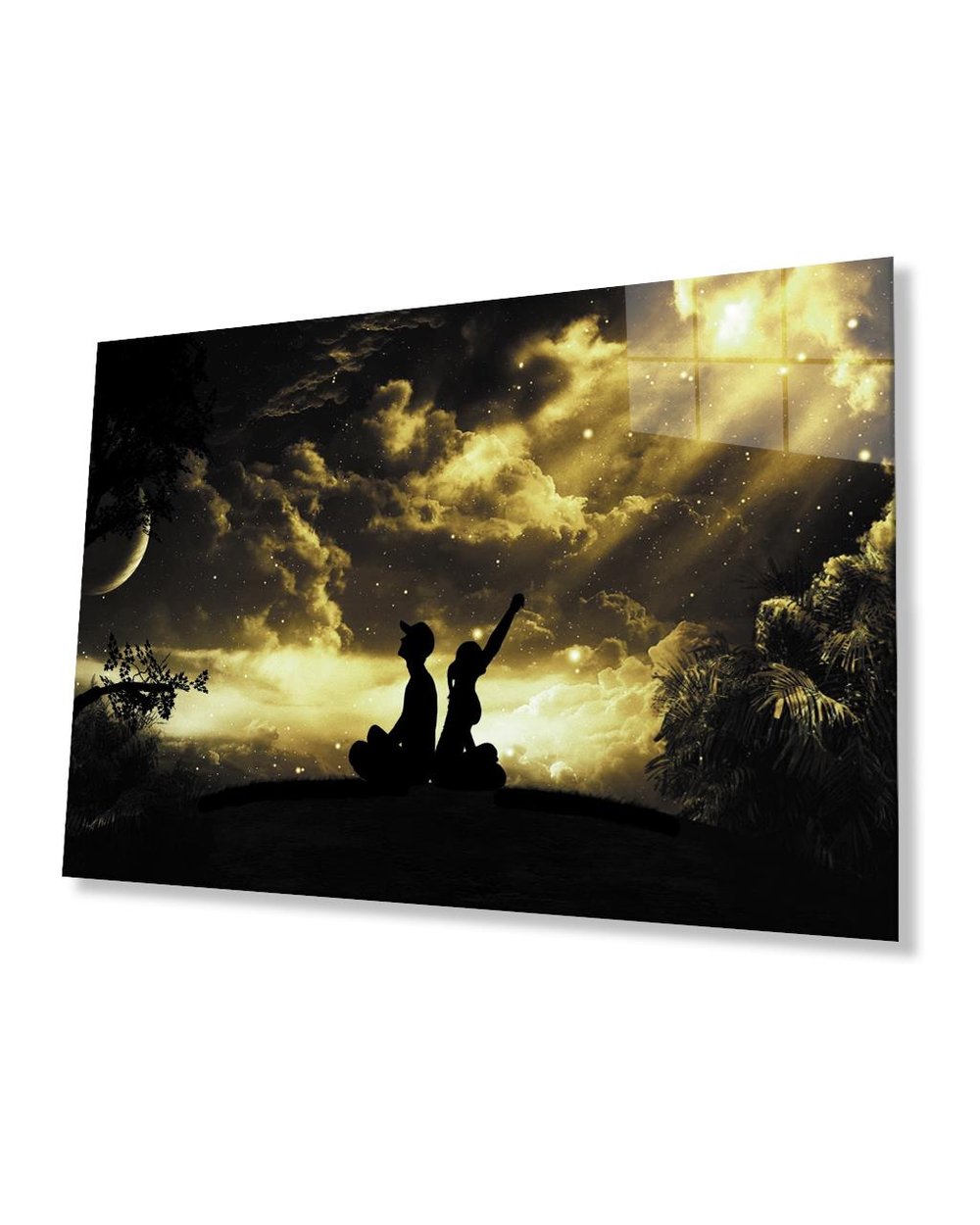 Yıldızlı Gecede İnsan Manzarası Cam Tablo  4mm Dayanıklı Temperli Cam Human Landscape In The Starry Night Glass Painting 4mm Durable Tempered Glass