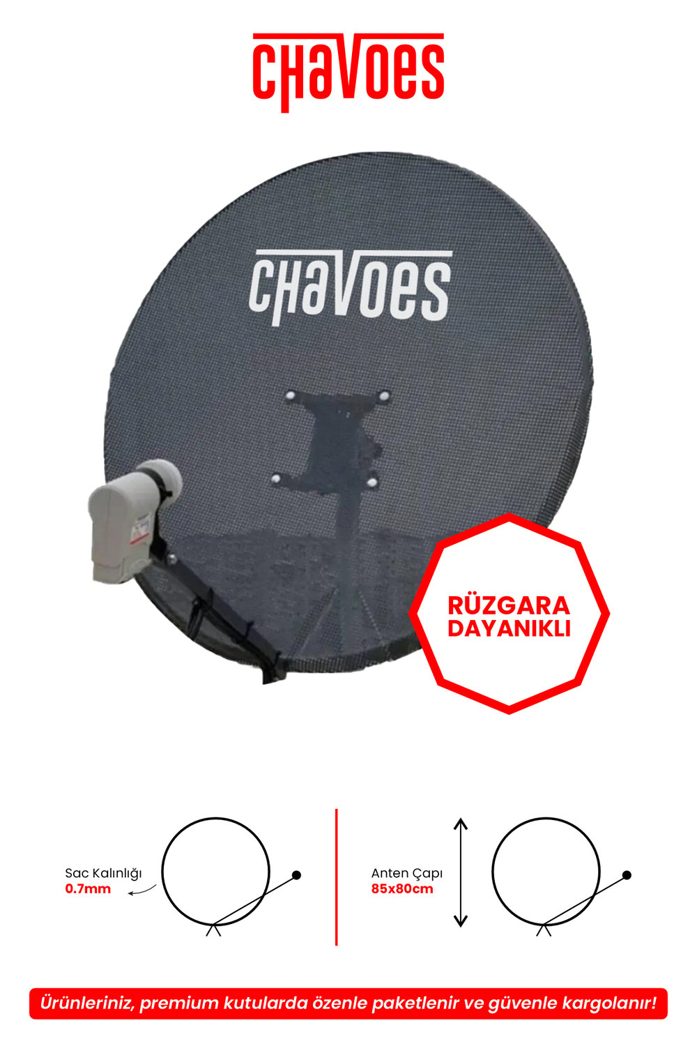 Chavoes 85 Cm Rüzgara ve Kara Dayanıklı 0,7mm Delikli Çanak Anten Seti