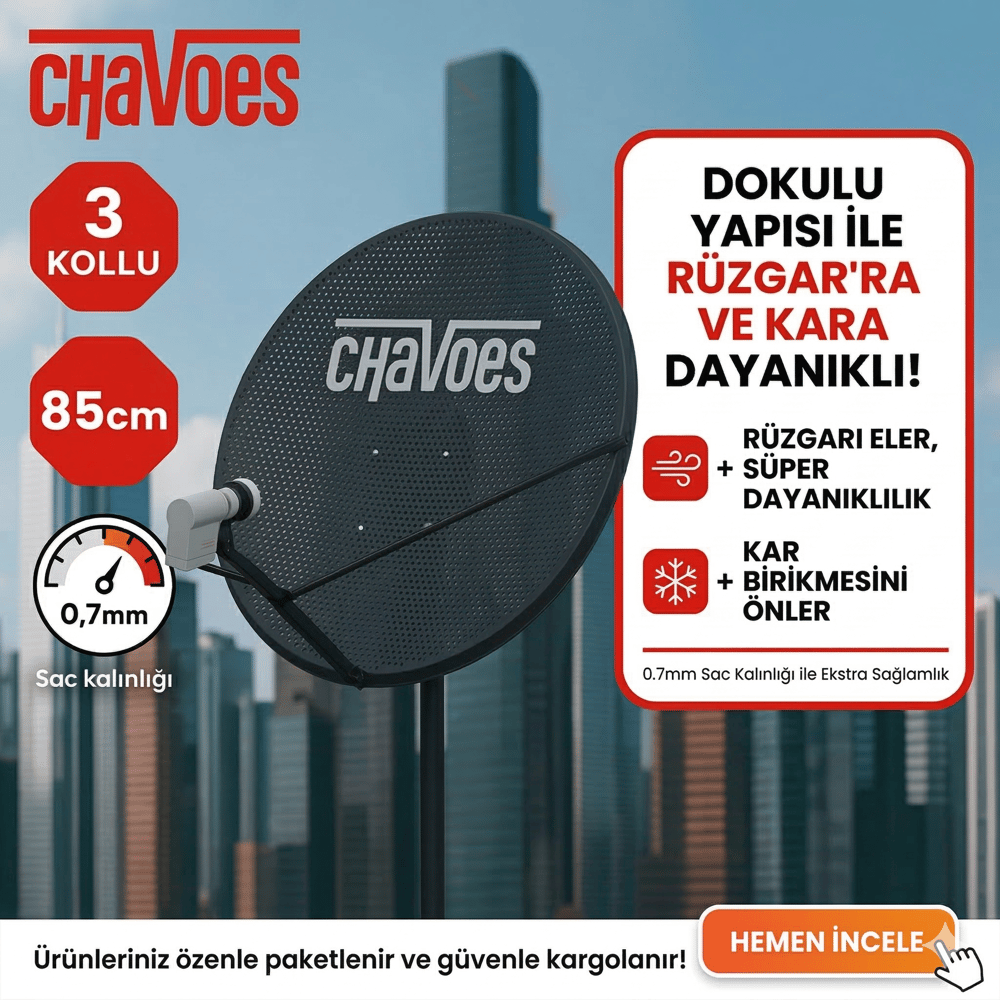Chavoes 85 Cm Rüzgara ve Kara Dayanıklı 0,7mm Delikli Çanak Anten Seti