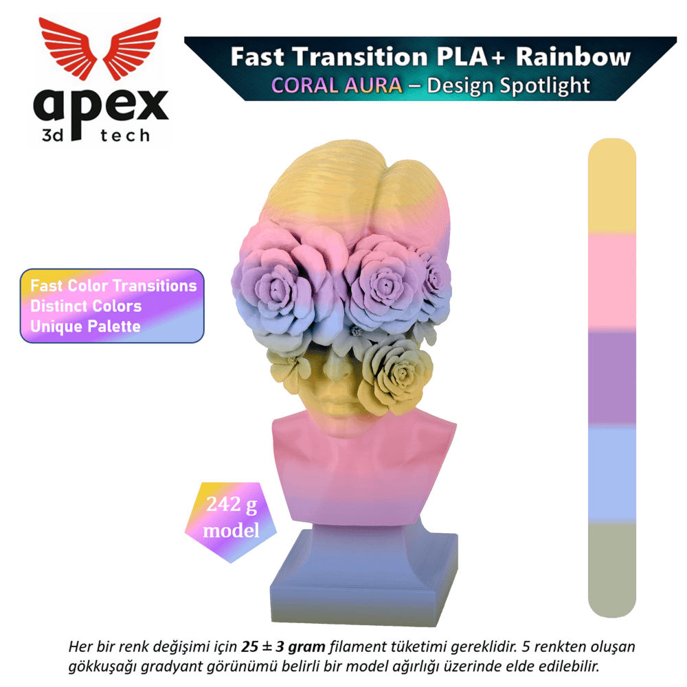 Apex3D Gökkuşağı PLA+ Filament - Mercan Diyarı 1 Kg 1.75mm