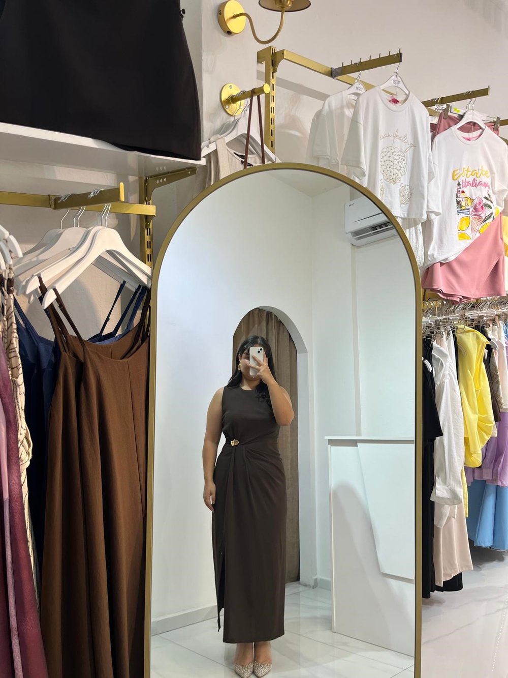 Drape Detaylı Gold Tokalı Kahve Midi Boy Elbise