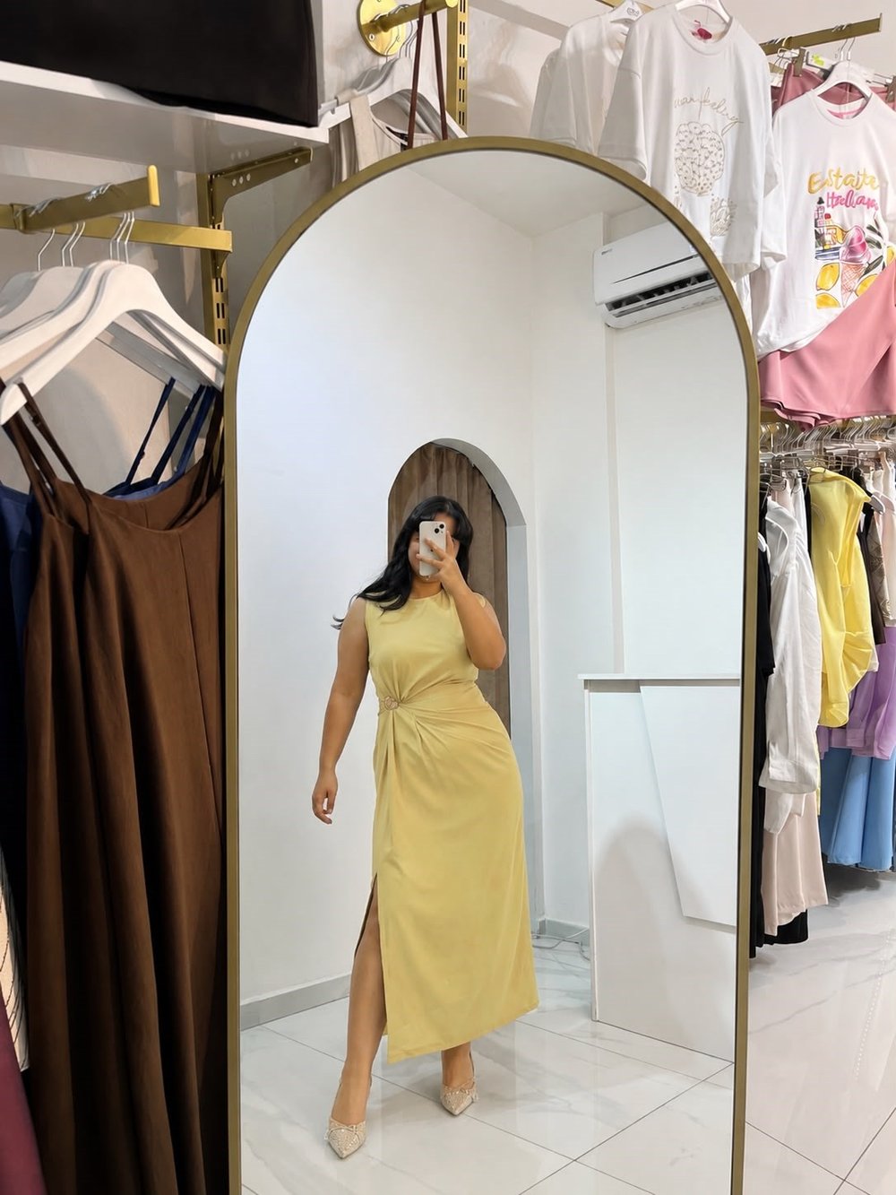 Drape Detaylı Gold Tokalı Yeşil Midi Boy Elbise