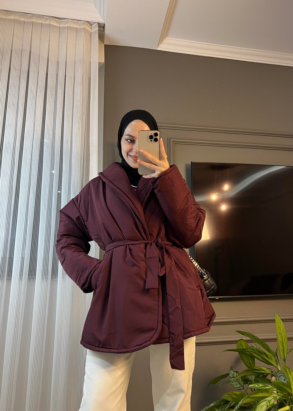 Bordo Düz Kuşaklı Şişme Mont