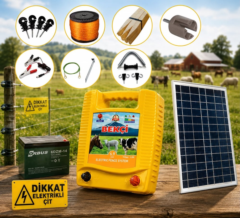 Bekçi 6.9J 10000M2 Güneş Enerjili - Sensörlü Elektrikli Çit Sistemi Ahşap Kazık Dahil