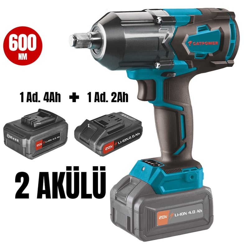 CatPower 1/2'' 20V Li-ion Kömürsüz Akülü Somun Sıkma (2.0Ah Akü 1 Adet) (4.0Ah Akü 1 Adet)(Hızlı Şarj Cihazı)