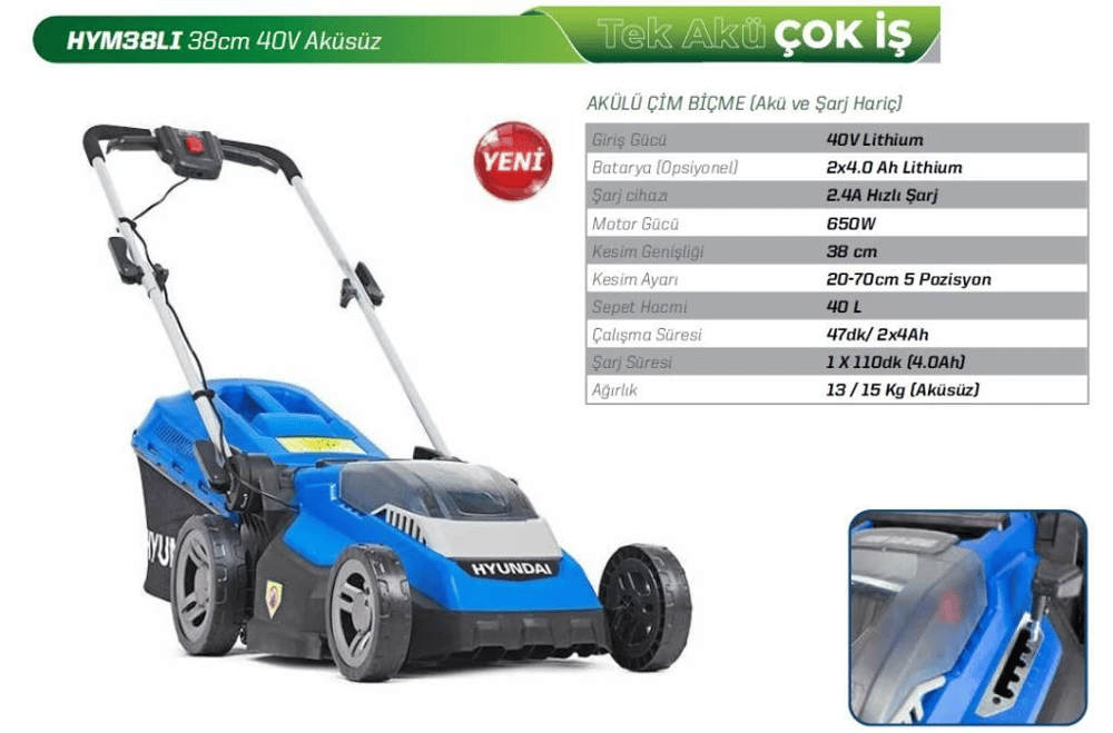 Hyundai HYM38LI Akülü Çim Biçme (Akü ve Şarj Hariç) 38cm