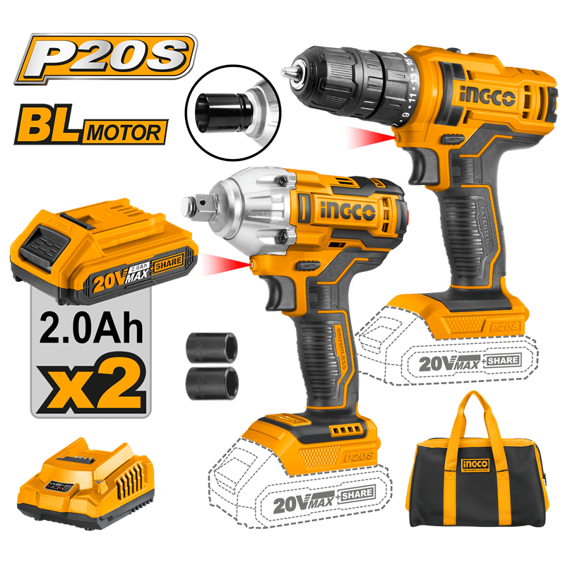 Ingco ING-CKLI2017 Li-ion Akülü 2 li Kombo Set - Matkap ve Somun Sıkma  20V 2.0 Ah