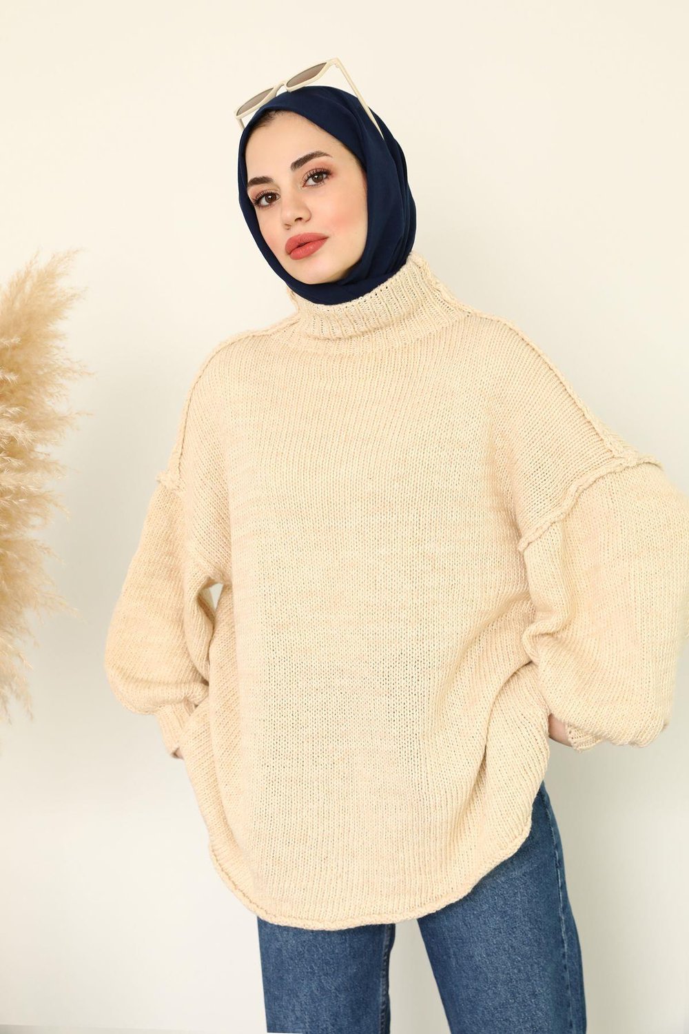 Örme Oversize Kazak - Krem