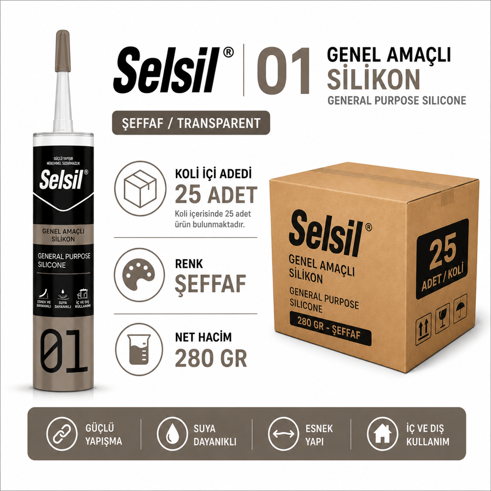 Selsil Genel Amaçlı Silikon Şeffaf 280 Gr | Cam ve Doğrama SilikonuSelsilSelsil Genel Amaçlı Silikon-280 GR-ŞeffafSEL-GNl-ŞF