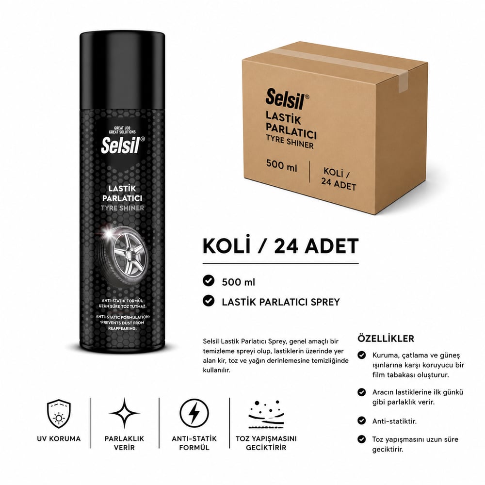 Selsil Lastik Parlatıcı Sprey 500 ml | Parlak ve Koruyucu EtkiSelsilSelsil Lastik Parlatıcı 500 ML--(24 Adet)SEL-LP500