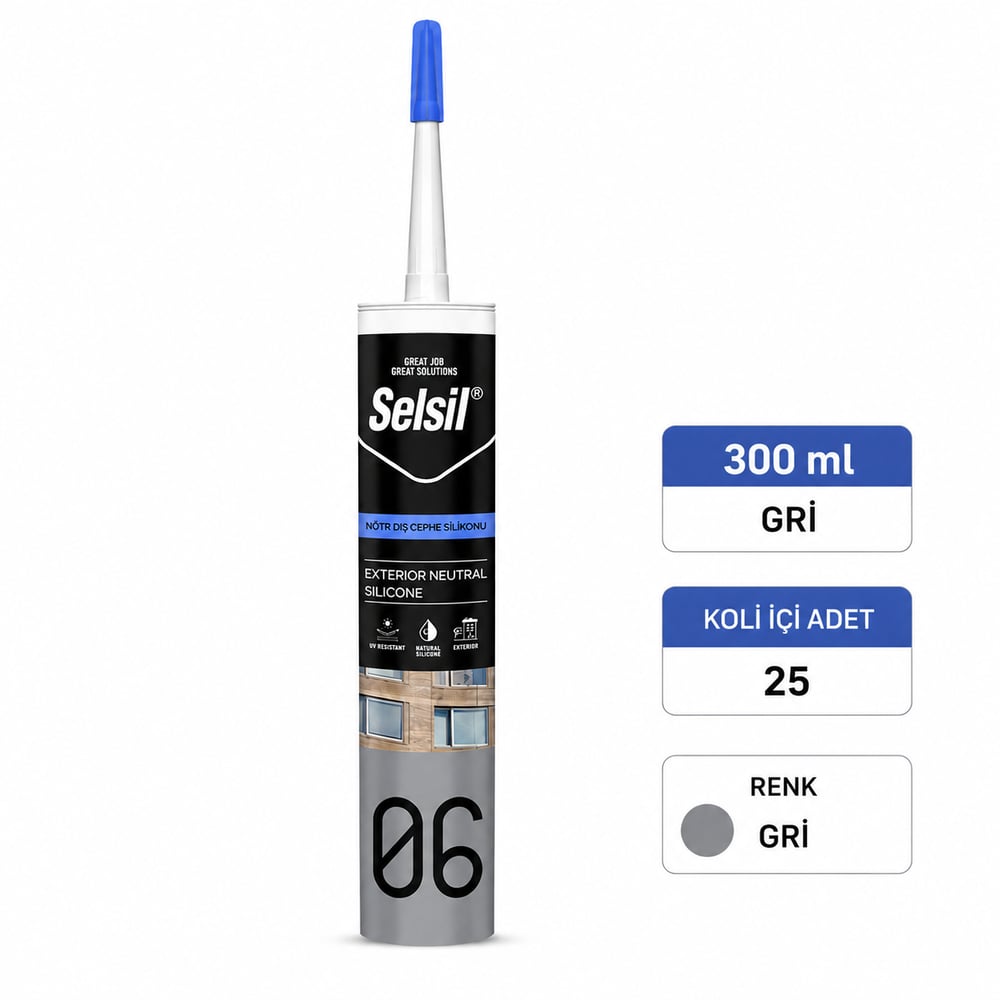Nötr Dış Cephe Silikonu | UV Dayanımlı Cephe SilikonuSelsilSelsil Nötr Dış Cephe Silikonu Gri 300ml-25'li KoliNo-DC-Gri