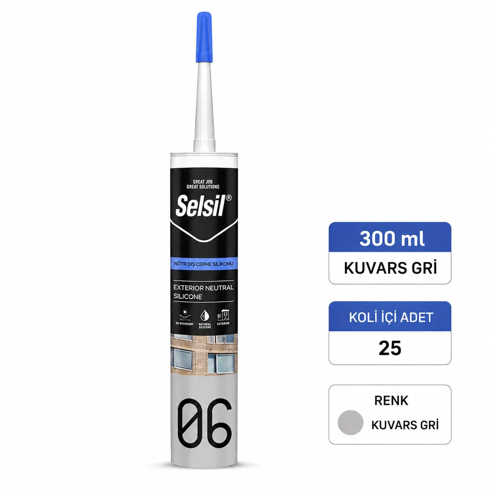 Nötr Dış Cephe Silikonu | UV Dayanımlı Cephe SilikonuSelsilSelsil Nötr Dış Cephe Silikonu Kuvars Gri 300ml-25'li KoliNo-DC-K.Gri