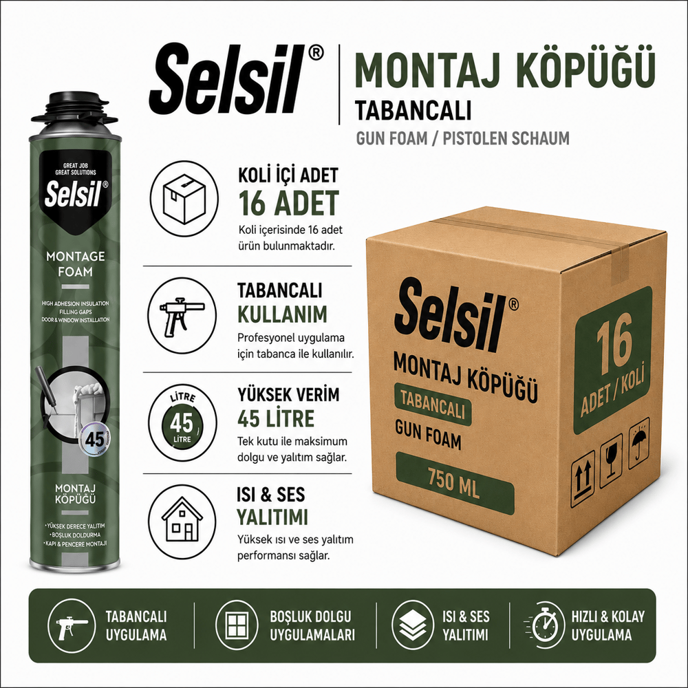 Selsil PU Montaj Köpüğü 750ML | Isı ve Ses Yalıtım KöpüğüSelsilSelsil Pu Montaj Köpüğü 750ML Tabancalı-16'lı KoliPu-750-TB