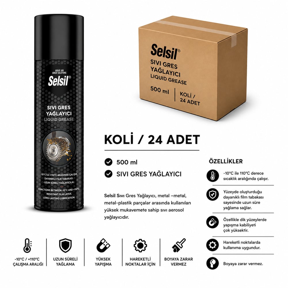 Selsil Sıvı Gres Yağlayıcı Sprey 500 ml | Yüksek Performanslı GresSelsilSelsil Sıvı Gres Yağlayıcı 500 ML--(24 Adet)SEL-SG500