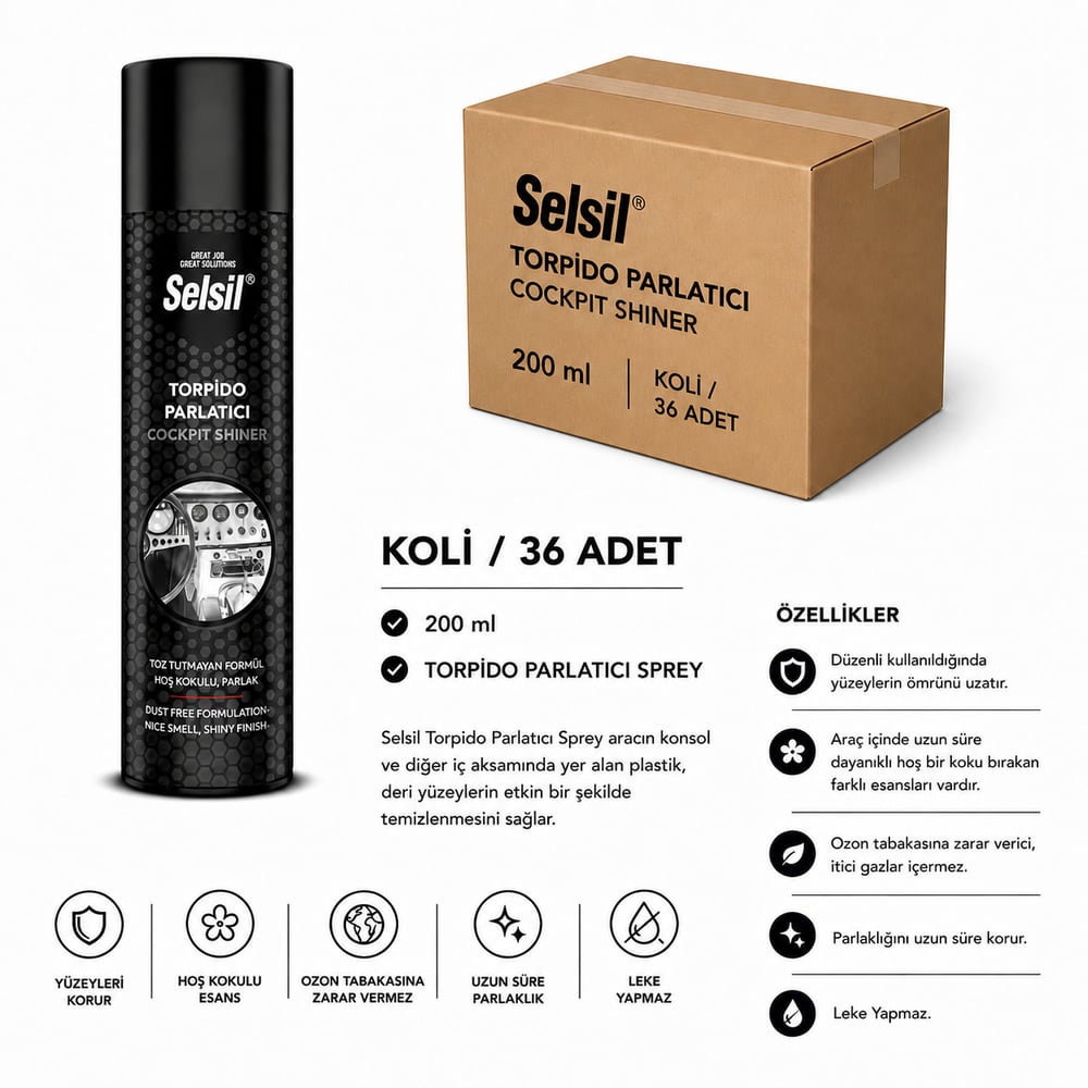 Selsil Torpido Parlatıcı Sprey 200 ml | Araç İçi Temizlik ve ParlaklıkSelsilSelsil Torpido Parlatıcı 200 ML--(36 Adet)SEL-TP200