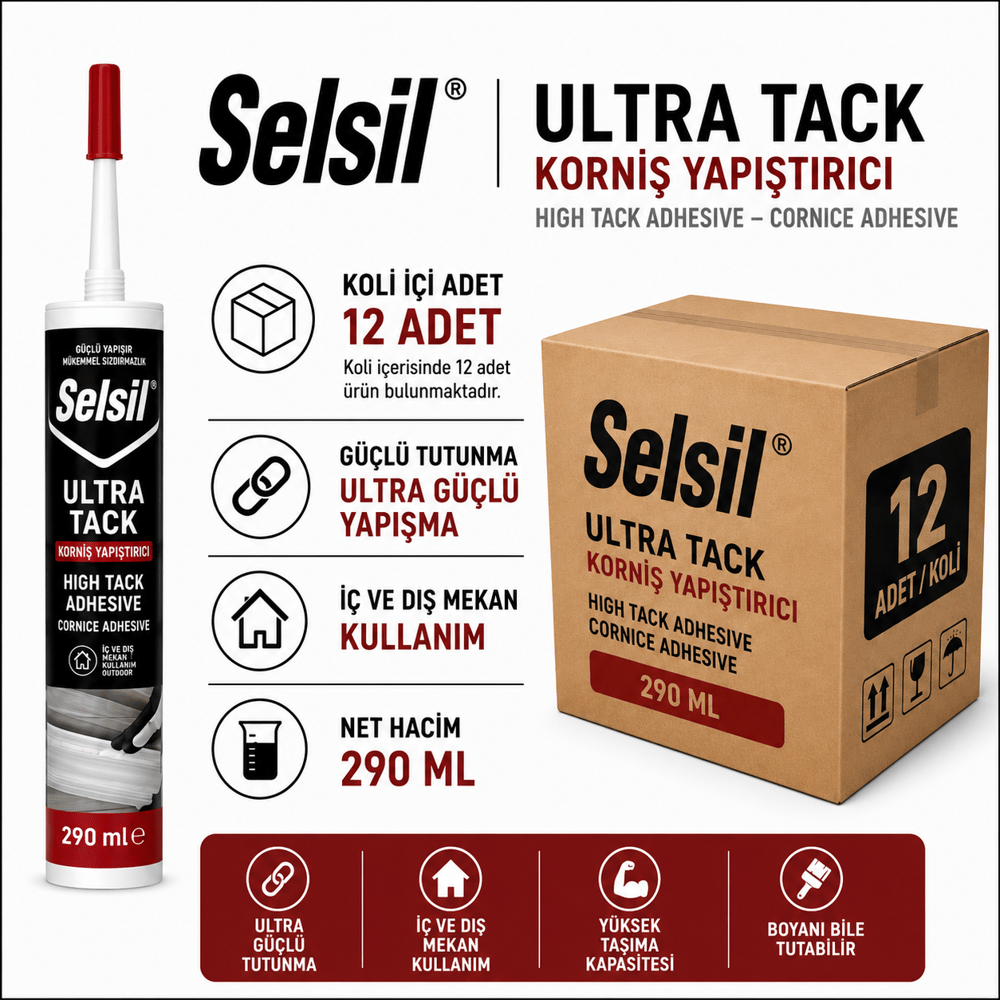 Selsil Ultra Tack No Nail Beyaz 290 ML | Güçlü Montaj YapıştırıcısıSelsilSelsil Ultra Tack (Korniş Yapıştırıcı)-290ML-12'li Koli -SEL-Ultra