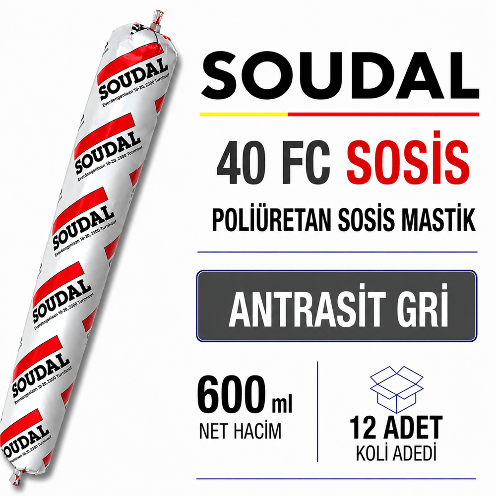 Soudal 40FC Poliüretan Mastik Sosis Antrasit Gri 600 ML (12 Adet) - Ağır Hizmet TipiSoudalSoudal 40FC Poliüretan Mastik Sosis 600 Ml  Antrasit Gri -(12 Adet)40Fc-ant-Gri