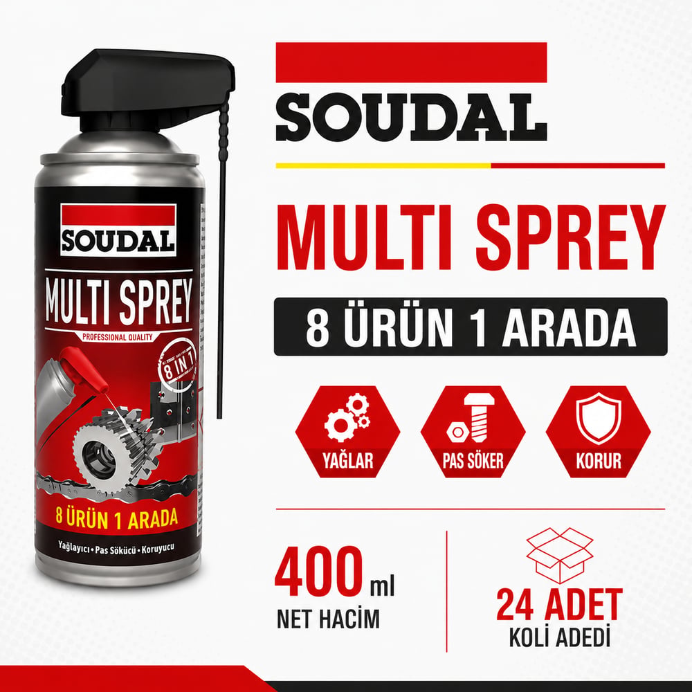 Soudal Pas Sökücü ve Yağlayıcı Multi Sprey 400 ML (24 Adet) - Çok Amaçlı Bakım SpreyiSoudalSoudal Pas Sökücü Ve Yağlayıcı Multi Sprey 400 Ml -(24 Adet)275.06.PS40