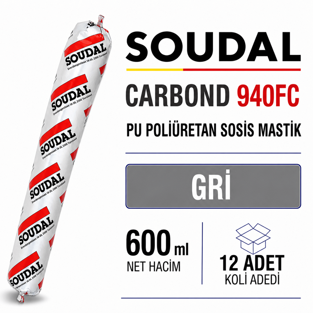  Soudal Poliüretan Sosis Mastik 940FC Gri 600 ML (12 Adet) - Çok Amaçlı Dolgu ve YapıştırıcıSoudalSoudal Poliüretan Sosis Mastik 600 Ml 940Fc Gri -(12 Adet)940fc-Gri-600