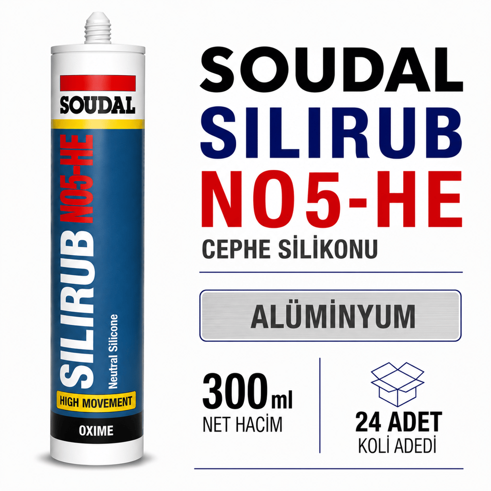 Soudal Silirub NO5-HE Alüminyum Silver Nötr Cephe Silikonu 300 ml | Toolora MarketSoudalSoudal Silirub NO5-HE 300 ml Alüminyum Cephe Silikonu (24 Adet)NO5-HE-Alüminyum