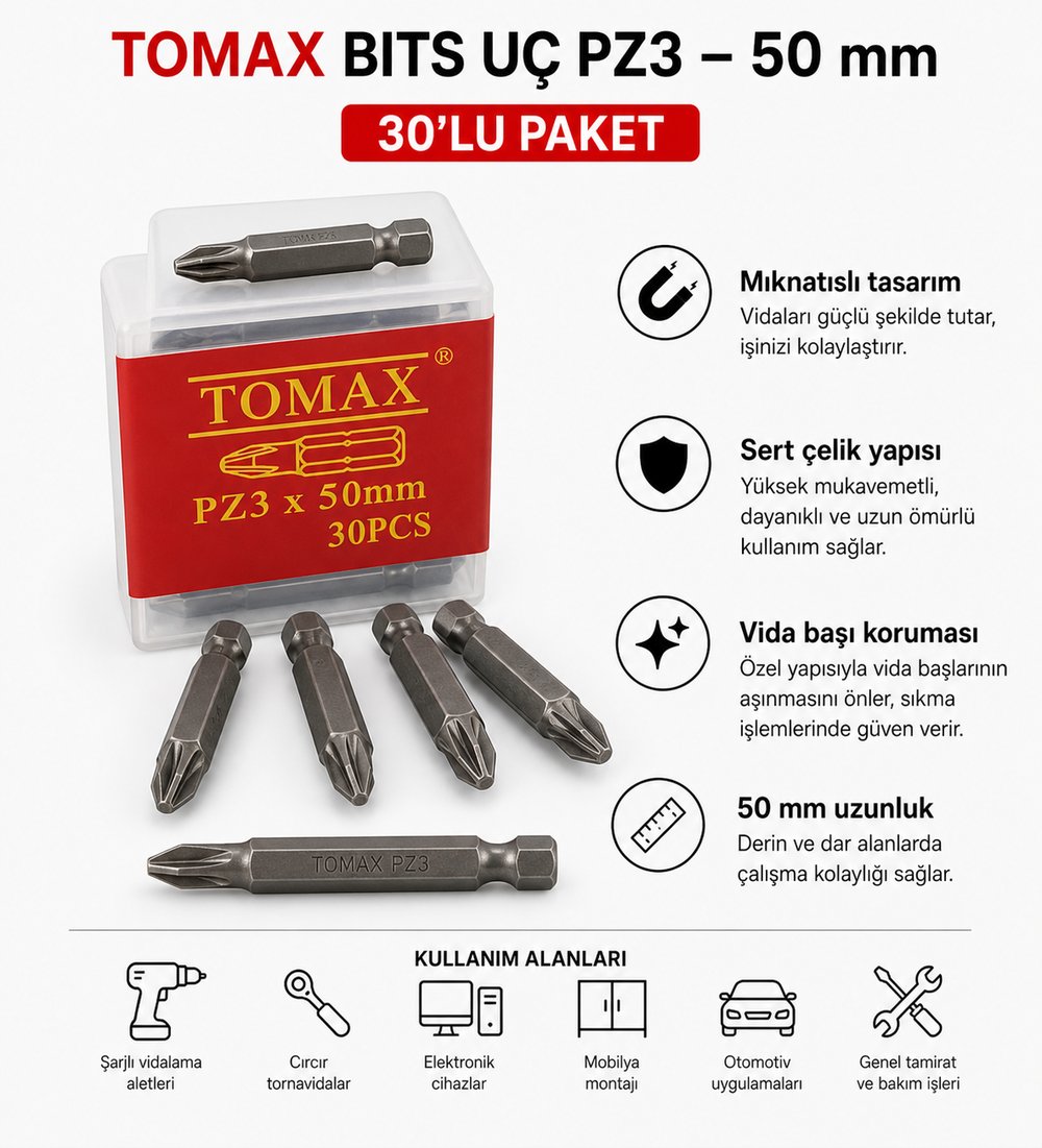 Tomax Pozidriv Bits Uç PZ3 50 mm (30'lu Paket) | Geniş VidaTomaxTomax Bits Uç Pz3 50 Mm-(30'lu Paket)114.28.P350