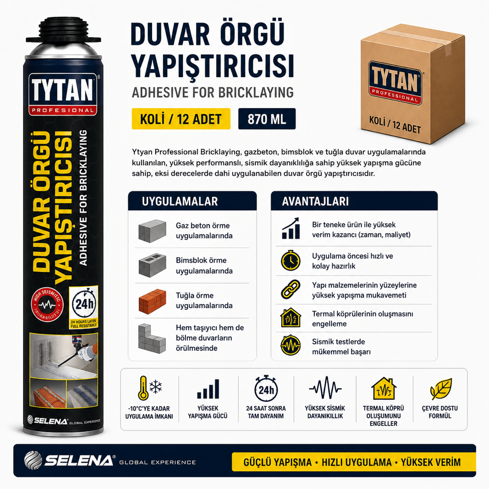Tytan Bricklaying Duvar Örgü Köpük Yapıştırıcı 870 ML – Harçsız SistemTytanTytan Bricklaying Duvar Örgü Yapıştırıcısı 870ML-(12 Adet)TYT-B1-FR-960
