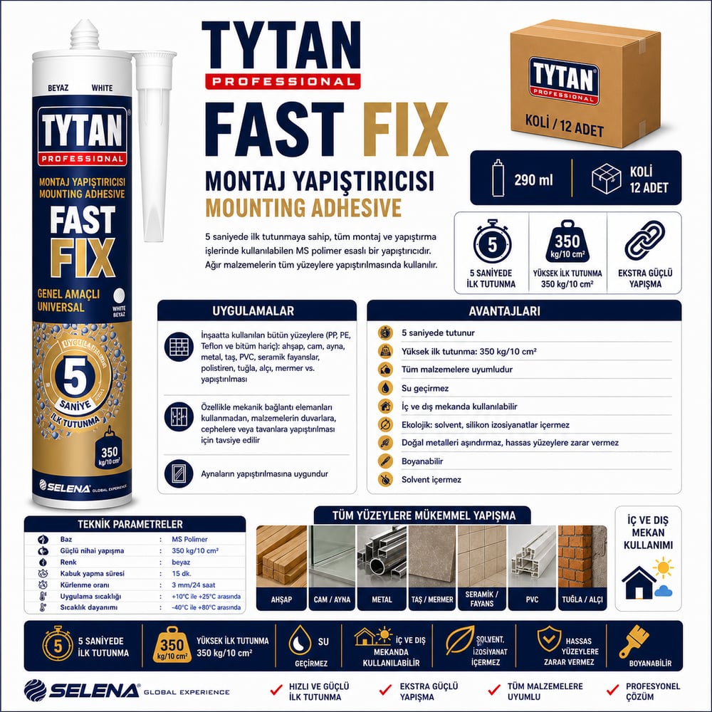 Tytan Fast Fix MS Polimer Yapıştırıcı 290 ML – 5 Saniyede TutunmaTytanTytan Fast Fix 290ML-(12 Adet)TYT-FASTFIX-W-290