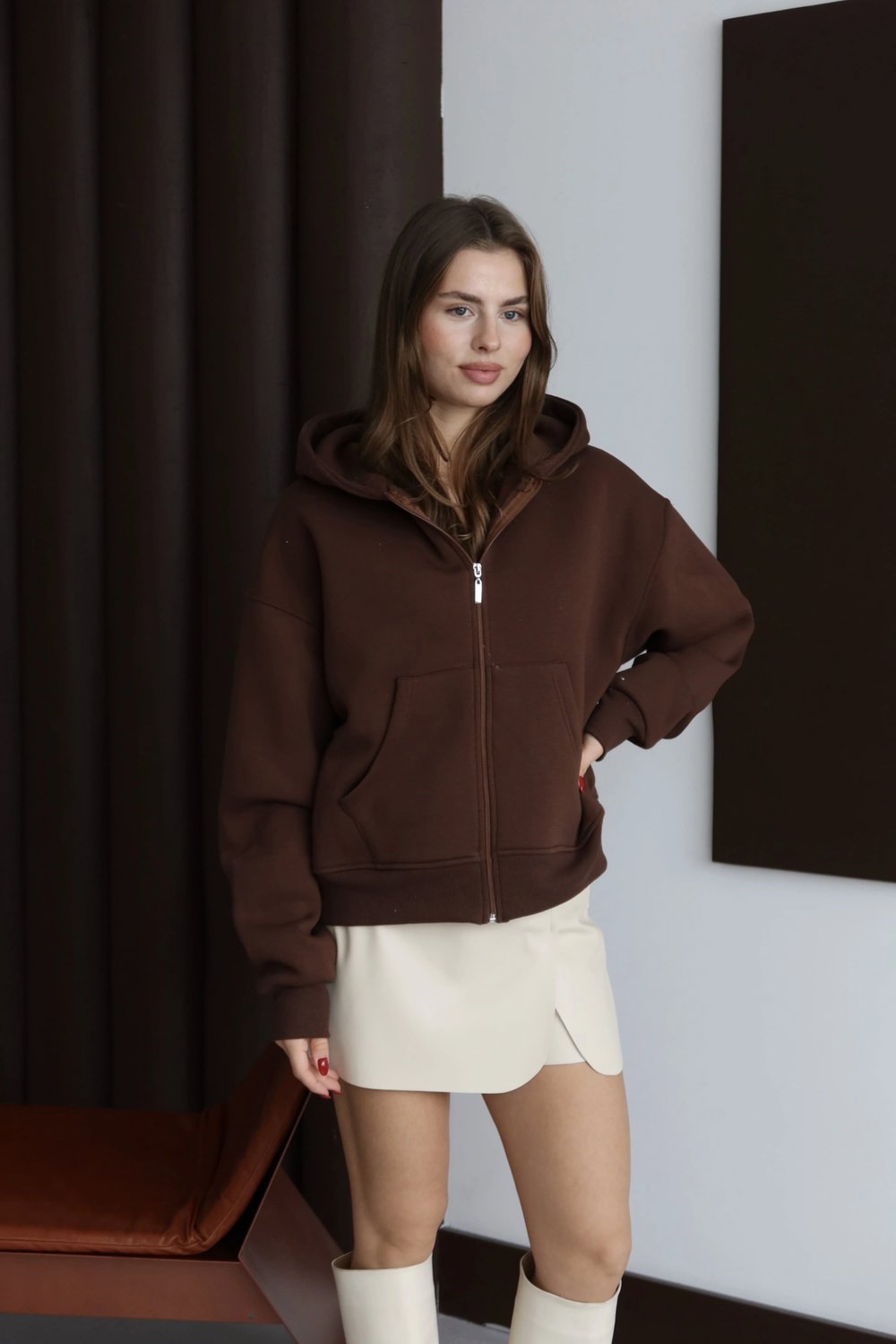 3 iplik şardonlu kapşonlu hoodie frm kahve p510437