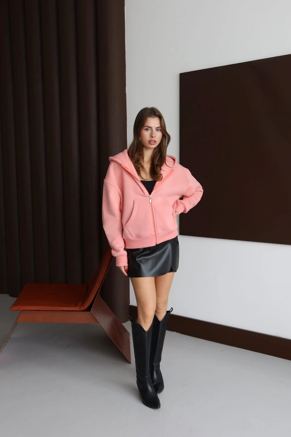 3 iplik şardonlu kapşonlu hoodie frm somon p510437
