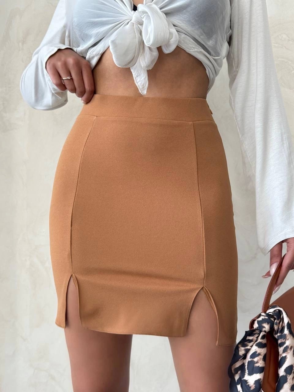 Çift yırtmaçlı etek camel s25910