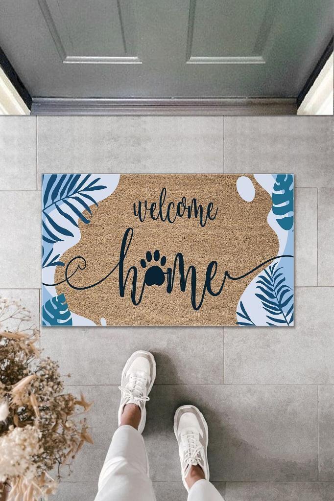 Dijital Baskı Kahverengi Mavi Yapraklı Welcome Home Dekoratif Kapı Paspası K-2007