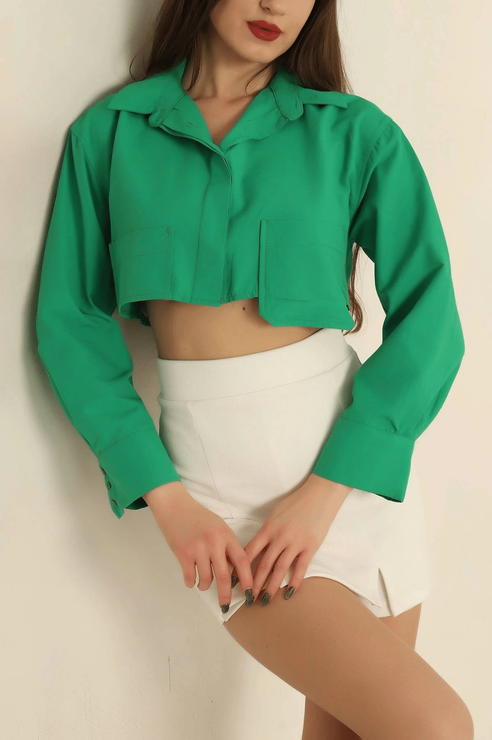 Poplin crop gömlek yeşil s3060