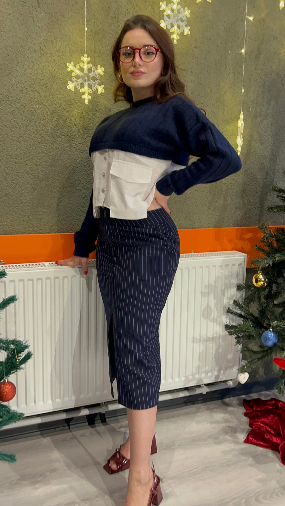Lacivert Çizgili Ofis Etek