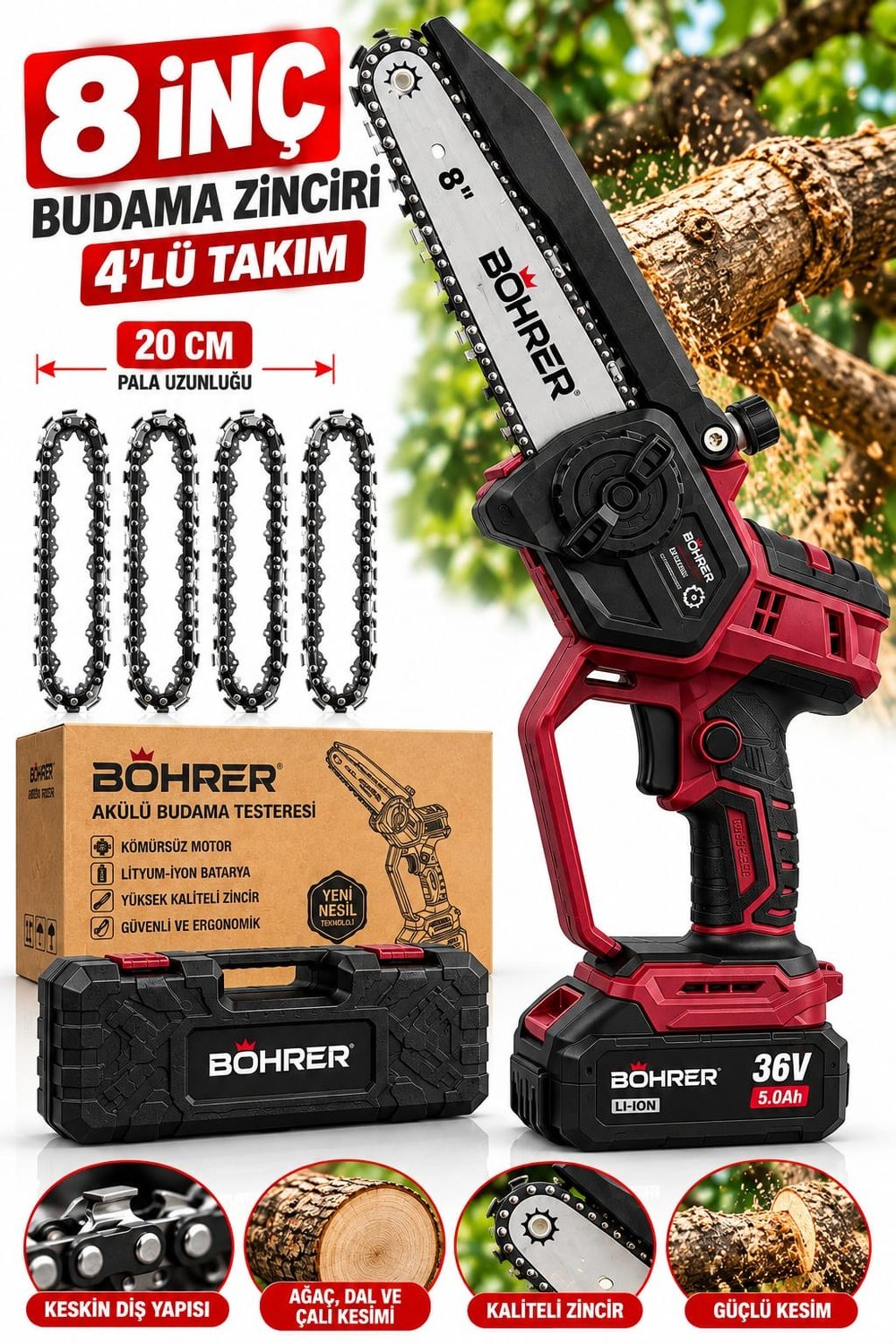 8 İnç Mini Zincirli Testere Yedek Zinciri 20 cm – 4'lü Budama Testere Zinciri Seti Keskin Dişli