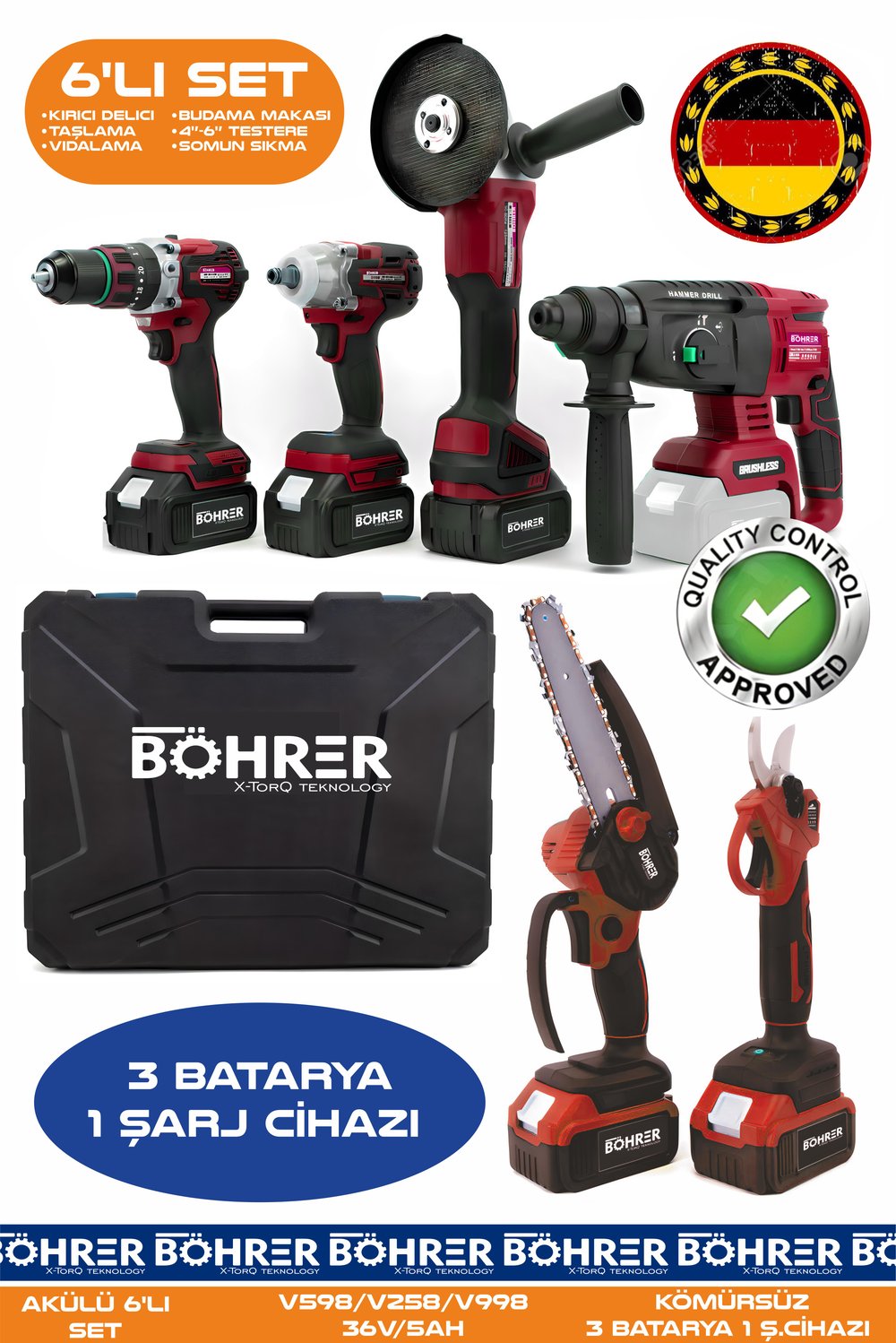 AKÜLÜ 6 LI KOMBO SET BA011133K , 30MM BUDAMA MAKASI  + 10 - 15CM BUDAMA TESTERELİ + TAŞLAMA + KIRICI - DELİCİ + SOMUN SIKMA + DARBELİ VİDALAMA 