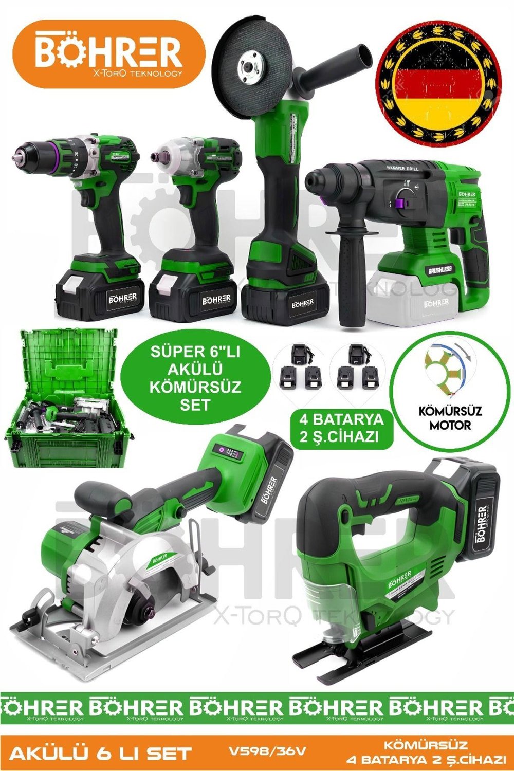 Alman 4 Akülü 2 Şarjlı Kömürsüz V598 5ah Profesyonel 6 Makine Kombo Set ,