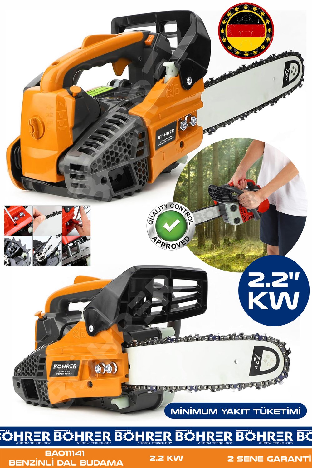 ALMAN DESİGNE BA011141T PROFESYONEL 25CM 12'' 2.2 KW BENZİNLİ ZİMCİRLİ DAL BUDAMA BIÇKI HIZAR TESTERESİ