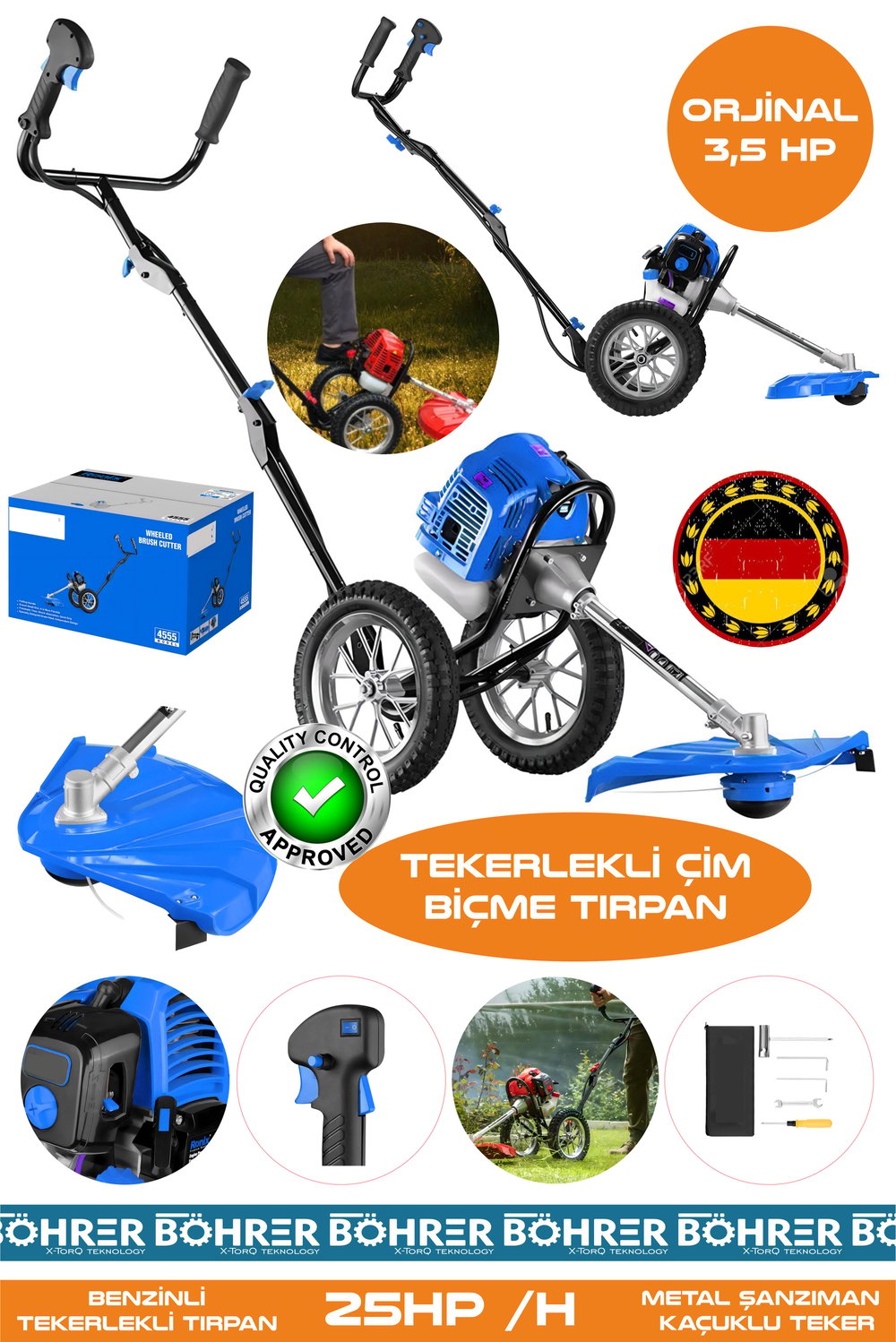 Alman Pro BA01075M 25Hp/H Tekerlekli Benzinli Diken Çalı Çim Biçme Tırpan Makinesi
