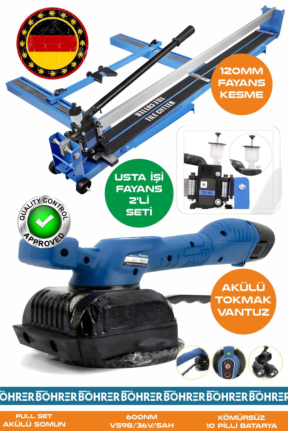 Alman Pro BA01078M 2'li Usta Fayans Seti - 120mm Lazerli Yağlı Süper Kesim Fayans Kesme + Titreşimli Kademeli Fayans Vantuz Tokmak Makinesi