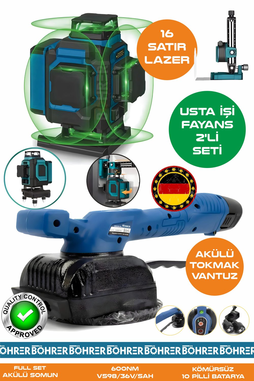 Alman Pro BA01079M 2'li Usta Fayans Seti 16 Satır 360 Derece Lazer Hizalaam + Titreşimli Kademeli Fayans Vantuz Tokmak Makinesi
