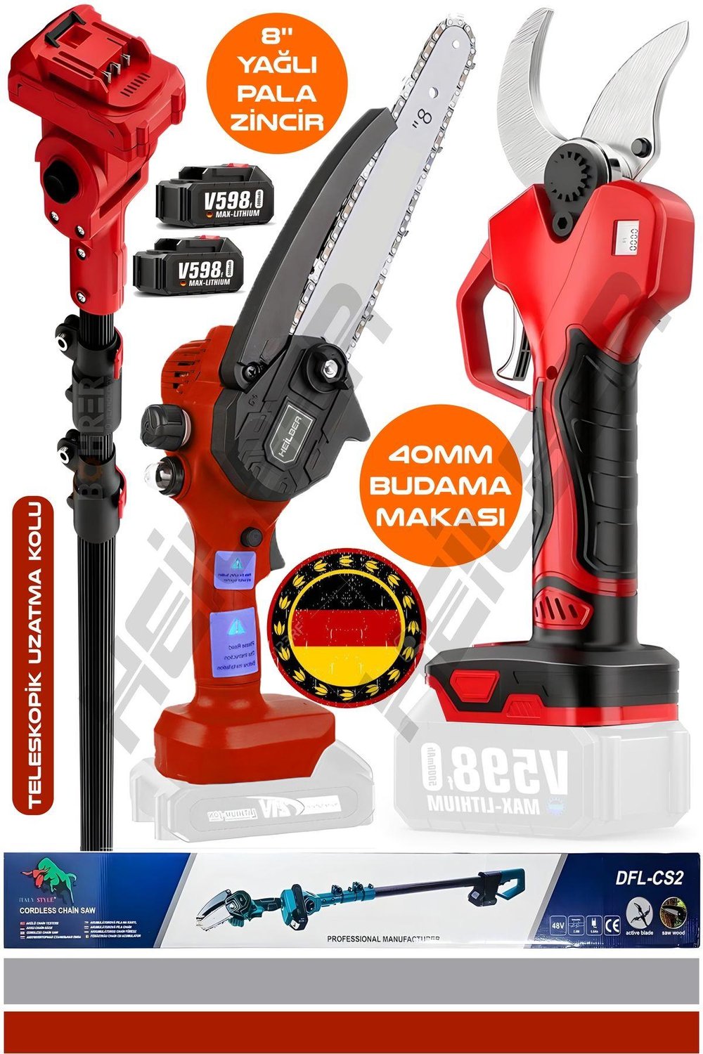 ALMAN V598 KIRMIZI TELESKOPİK AKÜLÜ YAĞLI 25CM BUDAMA TESTERERESİ VE 40MM BUDAMA MAKASI +2 BATARYA